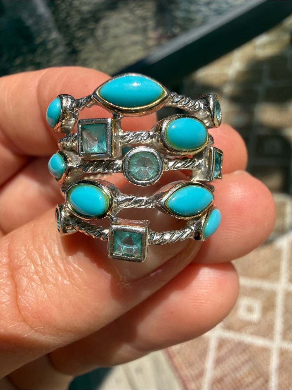 .925 Turquoise Multi-Row Gemstone Statement Ring - Unbranded